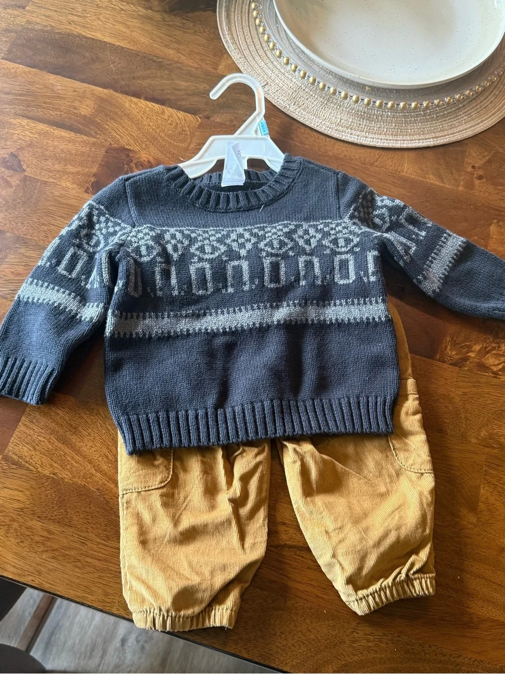 Carter's Dark Gray Fair Isle Sweater with Tan Pants Set